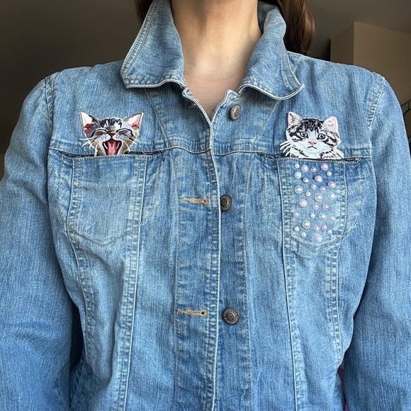 Jackets & Blazers - Handmade Pearl & Cat Patch Denim Jacket Size XS